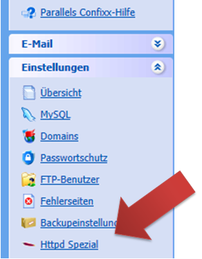 Confixx Navigation unter Einstellungen mit HTTPD Spezial