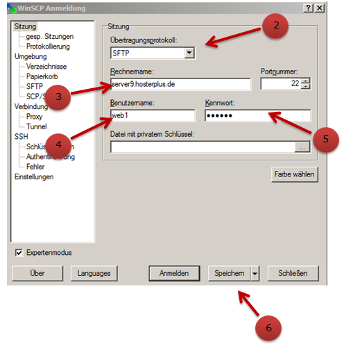 "Das Bild zeigt den Schritt-für-Schritt-Prozess der Konfiguration von WinSCP. Zuerst öffnet sich ein neues Fenster in WinSCP. Dann wird im Optionsfeld die Auswahl "SFTP2" getroffen. Im Feld "Rechnername" wird der SFTP-Host eingegeben, normalerweise die eigene Domain. Im Feld "Portnummer" wird nichts eingegeben, die Portnummer bleibt auf 22. Im Feld "Benutzername" wird der Confixx-Benutzername eingetragen, den Sie von Hosterplus erhalten haben. Im Feld "Kennwort" wird das Confixx-Passwort eingegeben. Abschließend wird auf den Button "Speichern" geklickt."